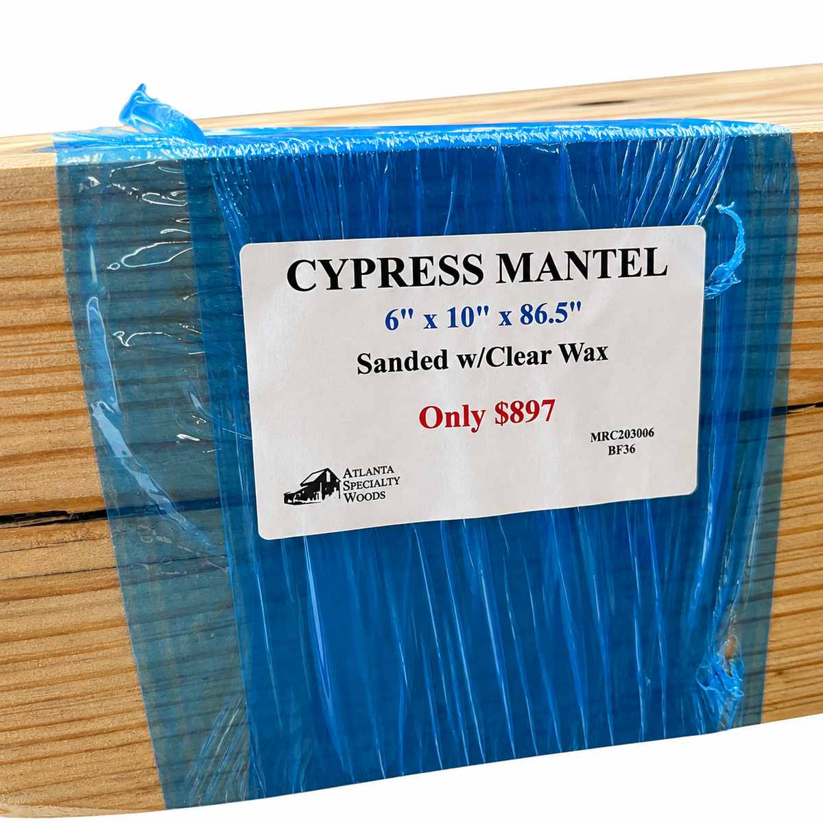 Cypress Mantel - Sanded w/ Clear Wax: 6” x 10” x 86.5”