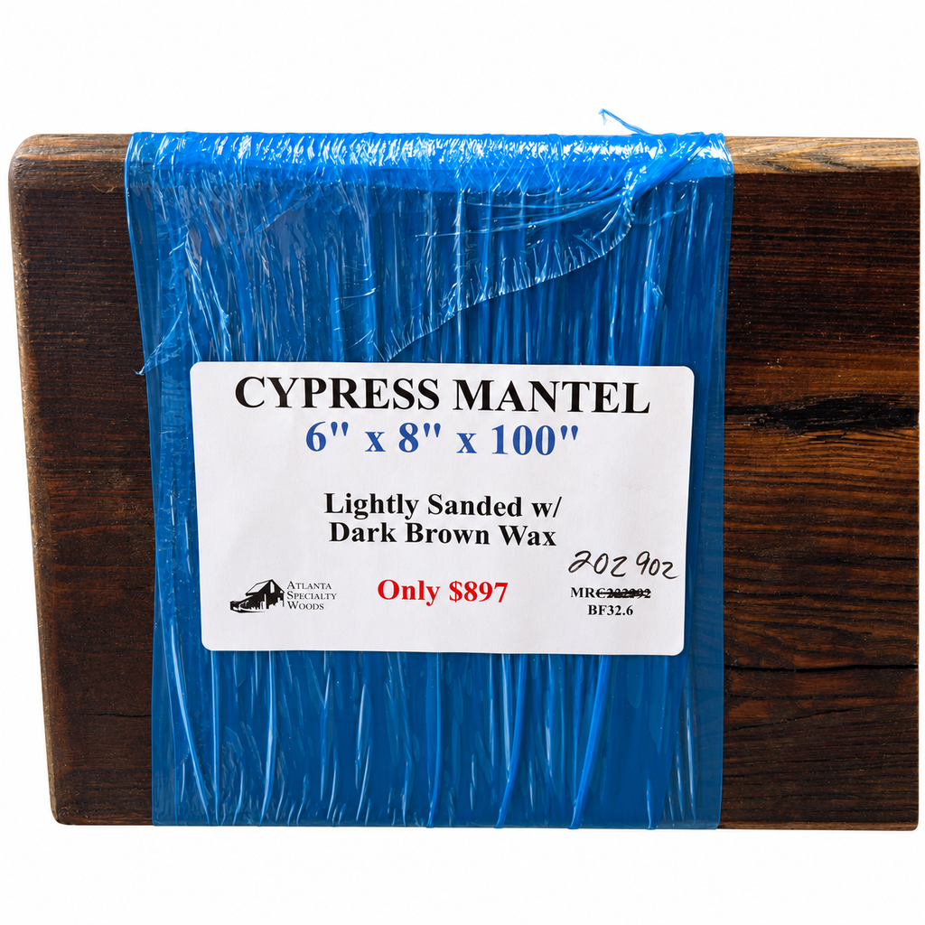 Cypress Mantel Lightly Sanded w/ Dark Brown Wax: 6" x 8" x 100”