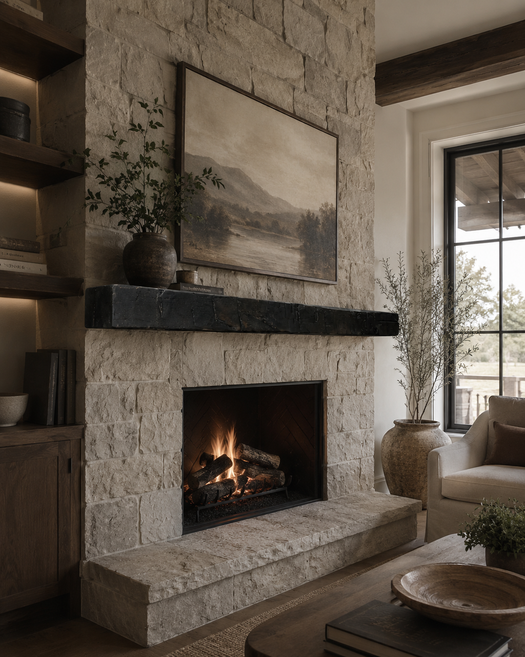 Hand-Hewn Reclaimed Mantel with Ebony Wax Finish: 4" x 8" x 7'