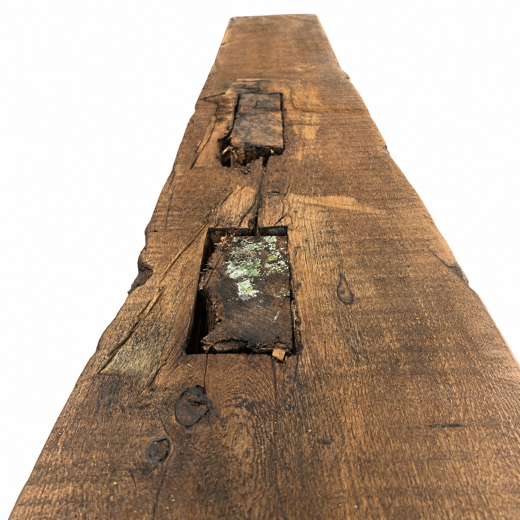 Hand-Hewn Reclaimed Timber Mantel with Plugged Mortice Pockets