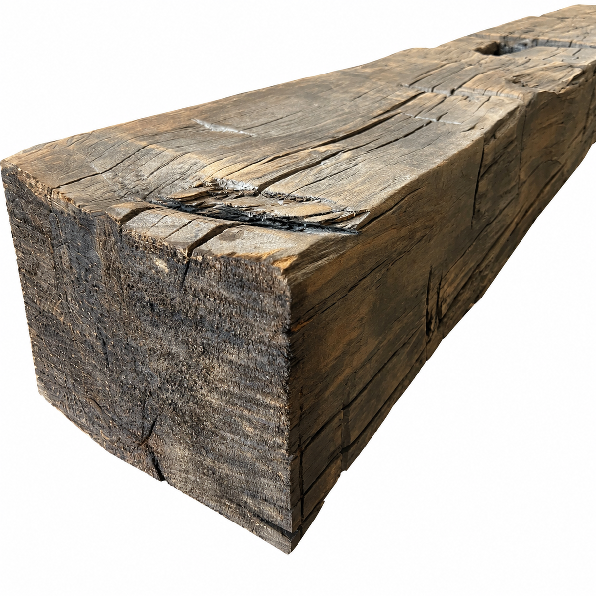 Reclaimed Hand Hewn Mantel - Sanded with Clear Dark Wax: 7” x 9” x 71”