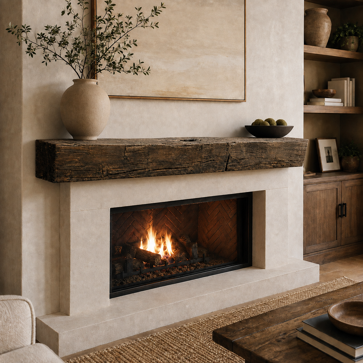 Reclaimed Hand Hewn Mantel - Sanded with Clear Dark Wax: 7” x 9” x 71”