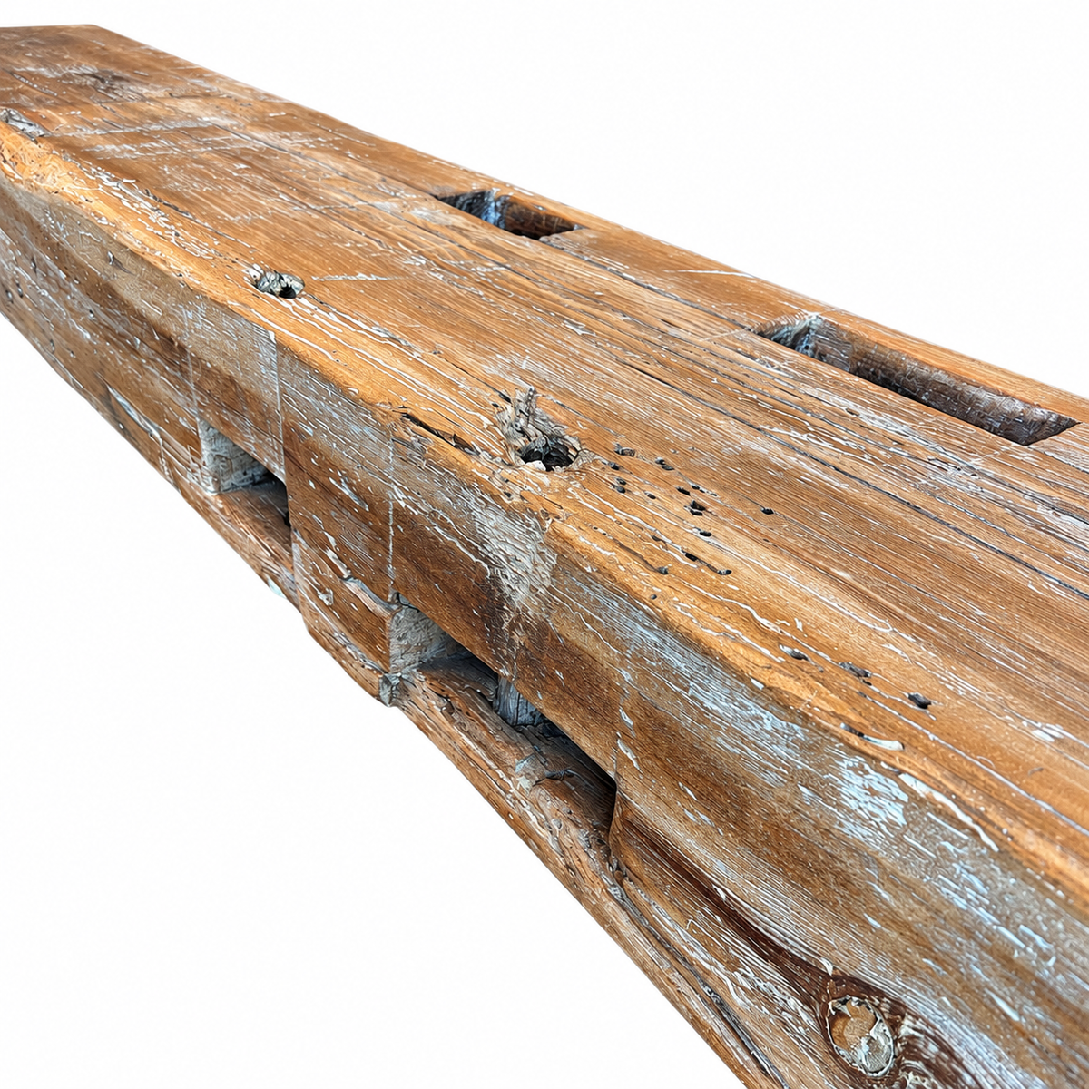 Reclaimed Hardwood Mantel with old door bolt, sanded with clear wax, 7" x 12" x 97.5"