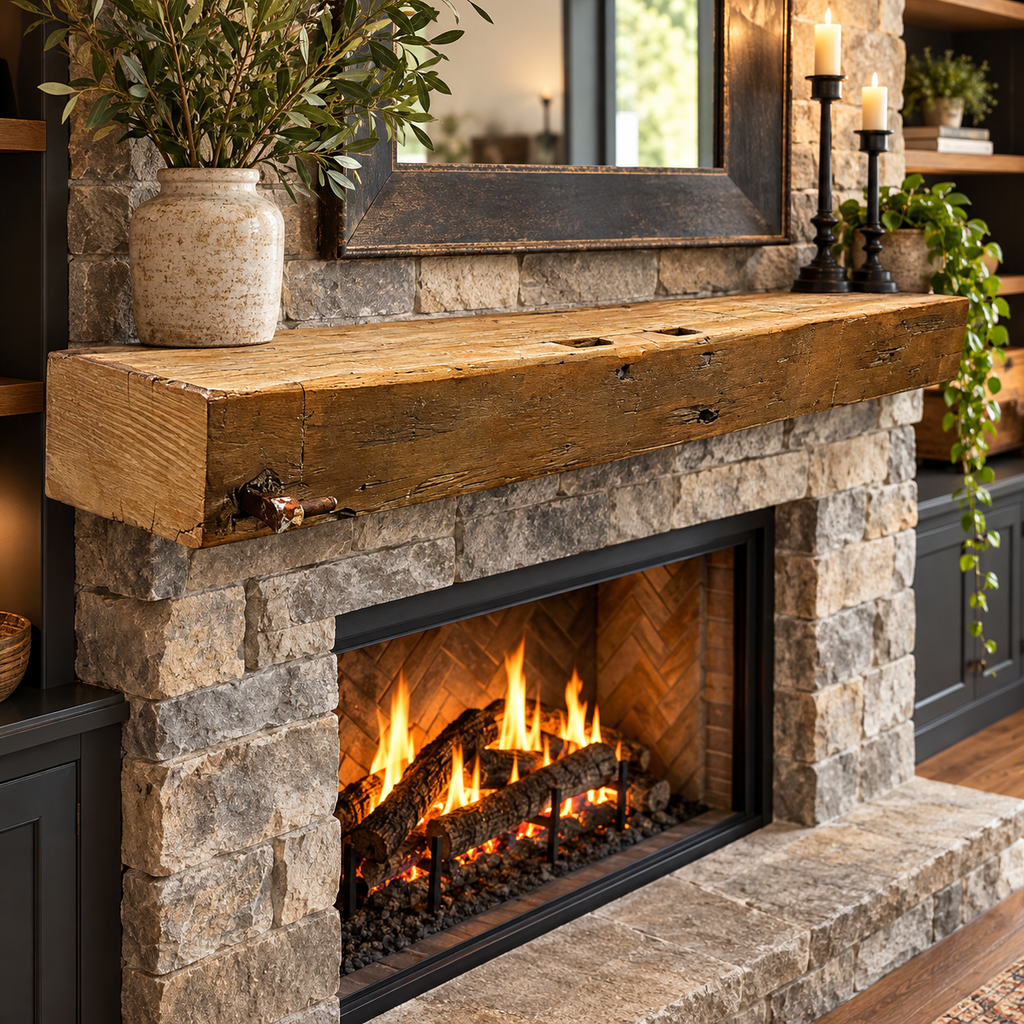 Reclaimed Hardwood Mantel with old door bolt, sanded with clear wax, 7" x 12" x 97.5"