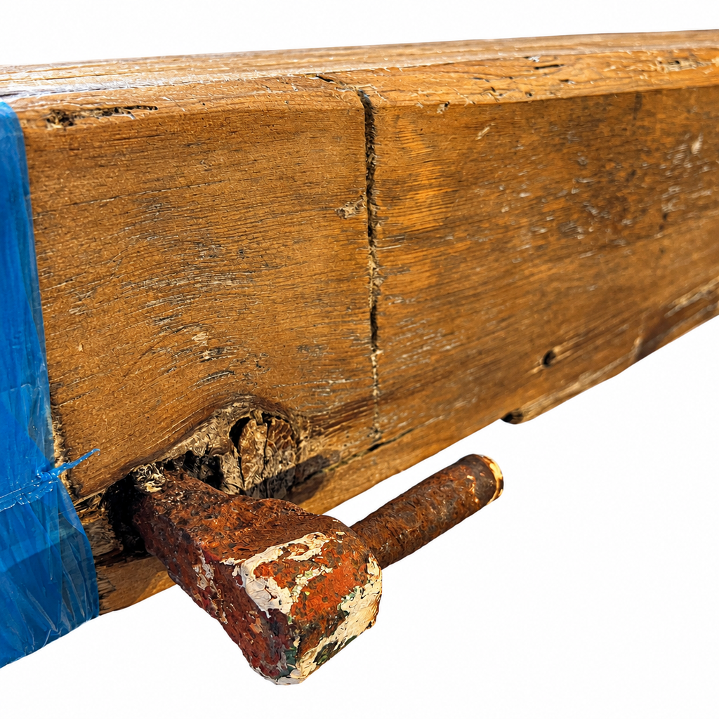 Reclaimed Hardwood Mantel with old door bolt, sanded with clear wax, 7" x 12" x 97.5"