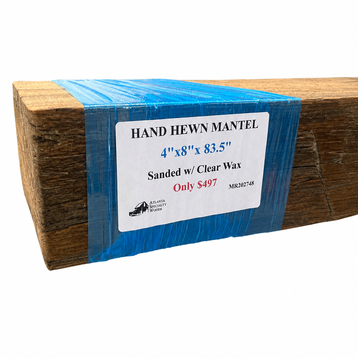 Reclaimed Hand-Hewn Mantel with Clear Wax: 4" x 8" x 83.5"