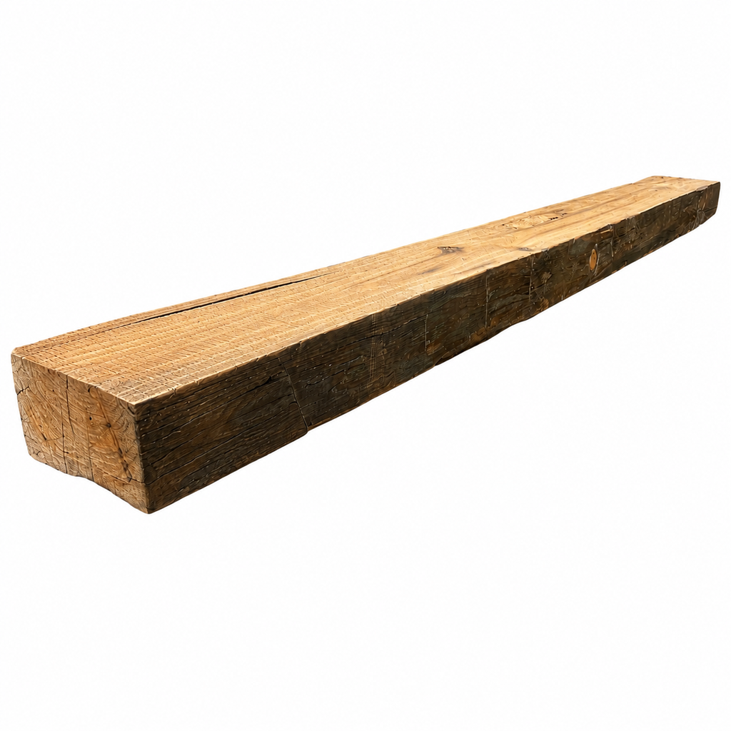 Reclaimed Hand-Hewn Mantel with Clear Wax: 4" x 8" x 83.5"