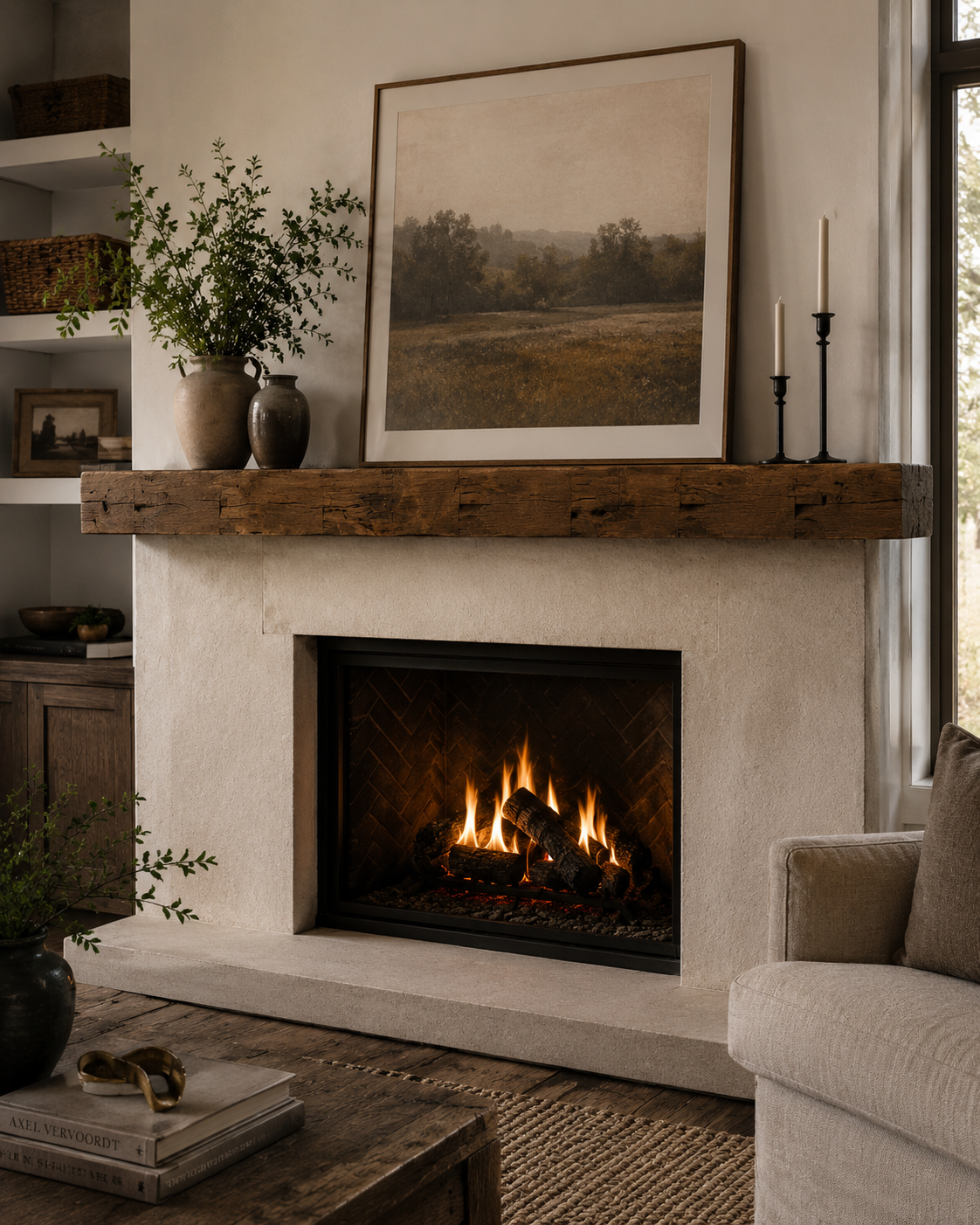Reclaimed Timber Mantel - Beautiful Saw Marks with Rich Brown Stain: 3" x 8" x 8'