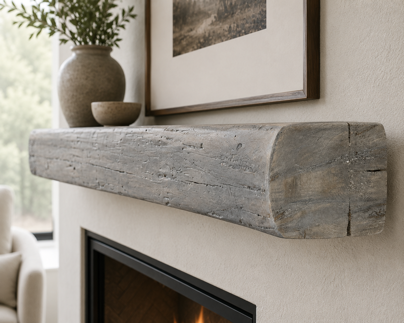 Reclaimed Poplar Mantel- Grey Stain with Liming Wax : 3" x 8" x 72"